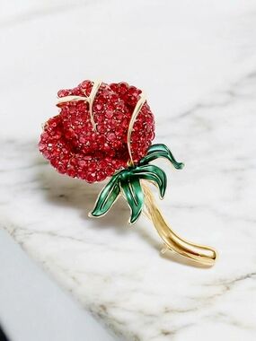NEW Monet Red Crystal Rose Brooch Gold Tone Flower Pin Enamel Leaves 2" NWT